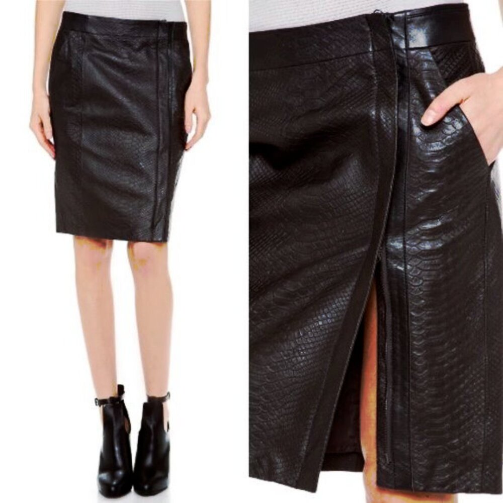VINCE Snake Embossed Wrapped Leather Pencil Skirt in Graphite Black 6 Small EUC